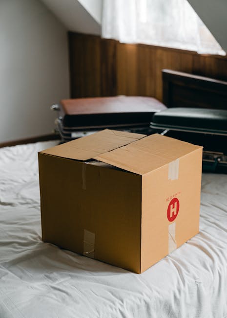 A young woman with shoulder-length brown hair, wearing a white t-shirt, sitting on the floor inside a house surrounded by packaging materials, appears to be preparing or packing items for a home reloc