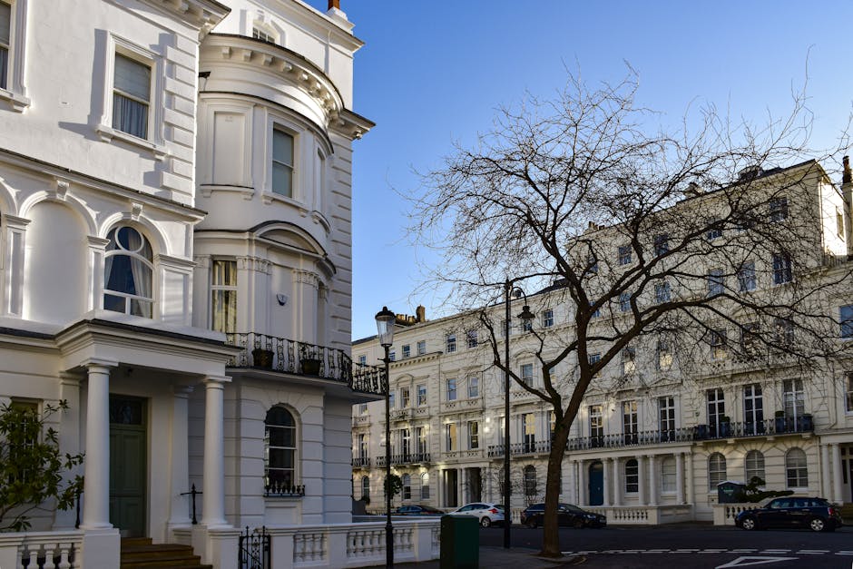 The image depicts a residential street scene with white, multi-story Victorian-style terraced houses featuring ornate architectural details, large sash windows, and decorative columns at the entrance. A tall, leafless tree stands prominently on the pavement in front of the buildings, casting shadows on the facades. The street is lined with parked cars and traditional black lamp posts, with clear blue sky overhead indicating a bright day. Inside one of the properties, visible through an open doorway, there are cardboard boxes, some wrapped in plastic or fabric, and wooden furniture being prepared for a house move, reflecting the logistics involved in home relocation. A removal van from Removal Van Bayswater is parked nearby, and the loading process appears organized with items positioned on the pavement, ready for transfer into the vehicle, illustrating the typical packing and transport stages associated with professional removals services in Bayswater.